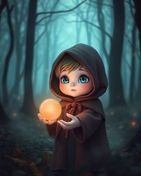 High-resolution stock photo featuring an adorable, cute cloaked figure standing within a misty forest. The figure is holding 