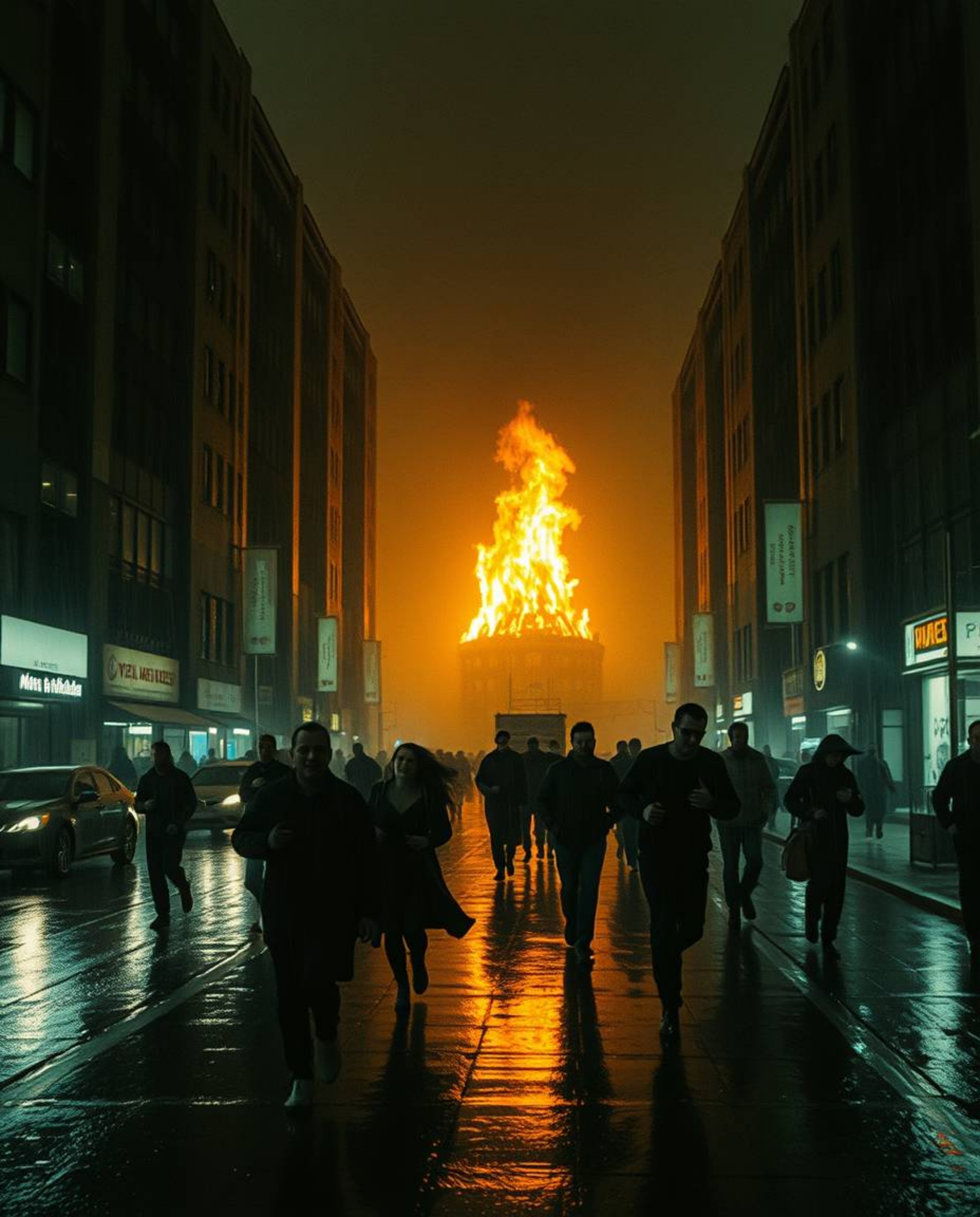 A cinematic and moody scene depicts a city consumed by flames, heavily soaked in rain, with inhabitants running in panic.  Th