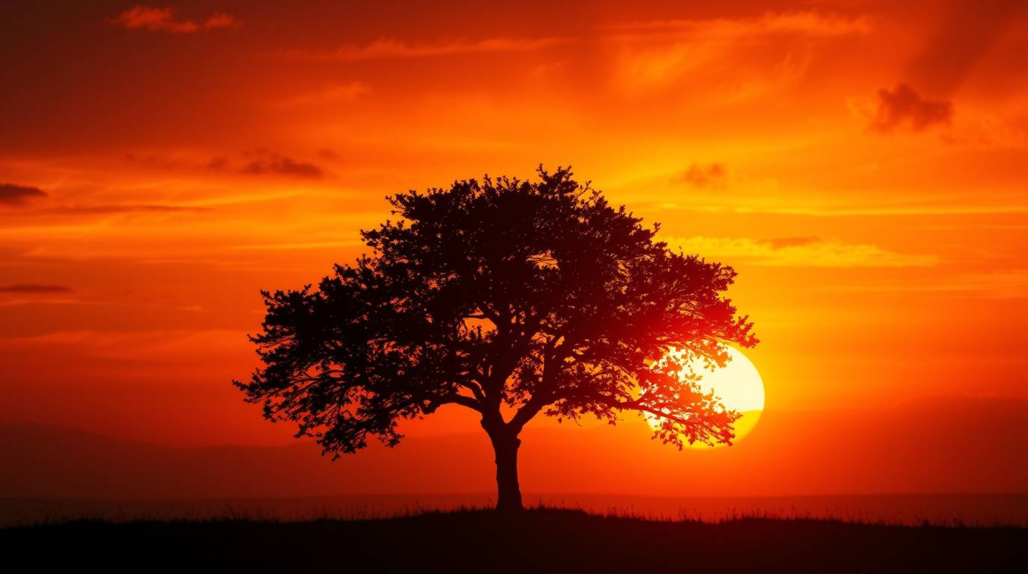 A captivating image of a lone tree silhouetted against a vibrant, fiery sunset.  The cinematic composition features rich, dee