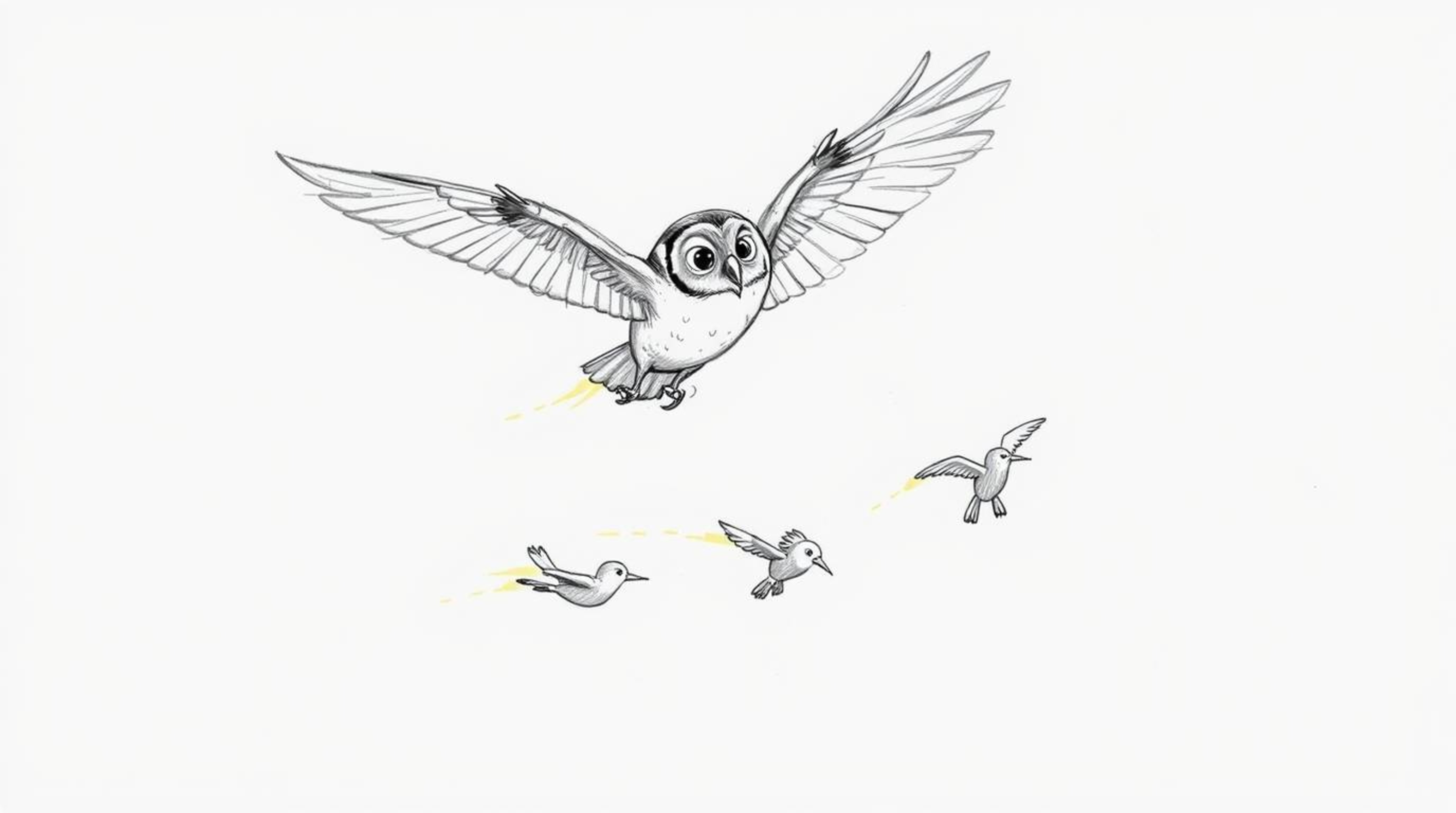 This heartwarming hand-drawn sketch in the style of Pixar depicts a blind owl gracefully mid-flight, sharing its wisdom by te