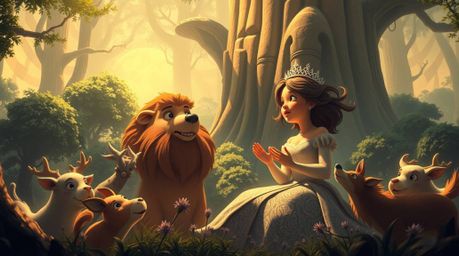 Experience a grand and epic scene featuring a princess singing harmoniously with forest animals, brought to life in a vintage