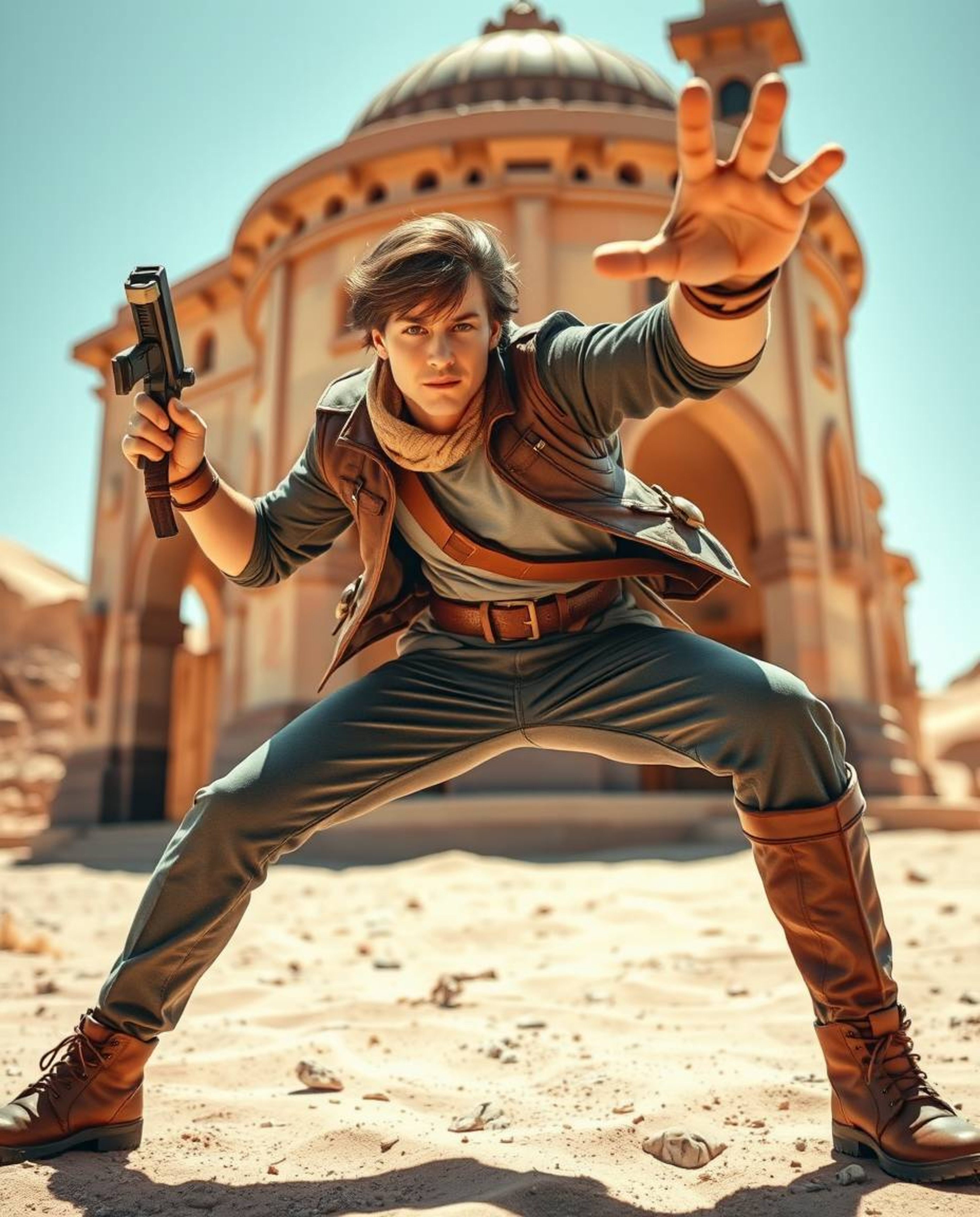 Discover stunning architectural color photography of a brave Disney-style desert adventure hero.  This image features a dynam