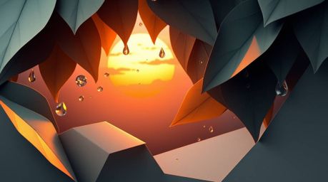 This artwork presents a captivating origami-style illustration featuring a stunning sunset reflected in raindrops on leaves. 