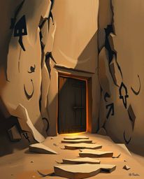 A digital painting capturing an ancient doorway, glowing with intricate runes, nestled within a mountainside. The artwork emp
