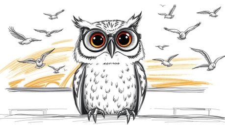 A heartwarming hand-drawn sketch in the style of Pixar depicts a blind owl, wearing large round spectacles, guiding a classro