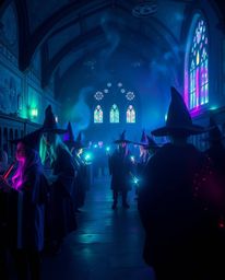 Explore a magical school teeming with young wizards, bathed in the enchanting glow of bioluminescent colors. Experience an et