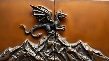 A breathtaking bronze sculpture depicting a dragon and its rider soaring above icy peaks.  Crafted in distinct split sections