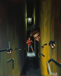 A classic oil painting capturing a sense of unease and mystery. Depicting eyes observing from the depths of a dark alley at n