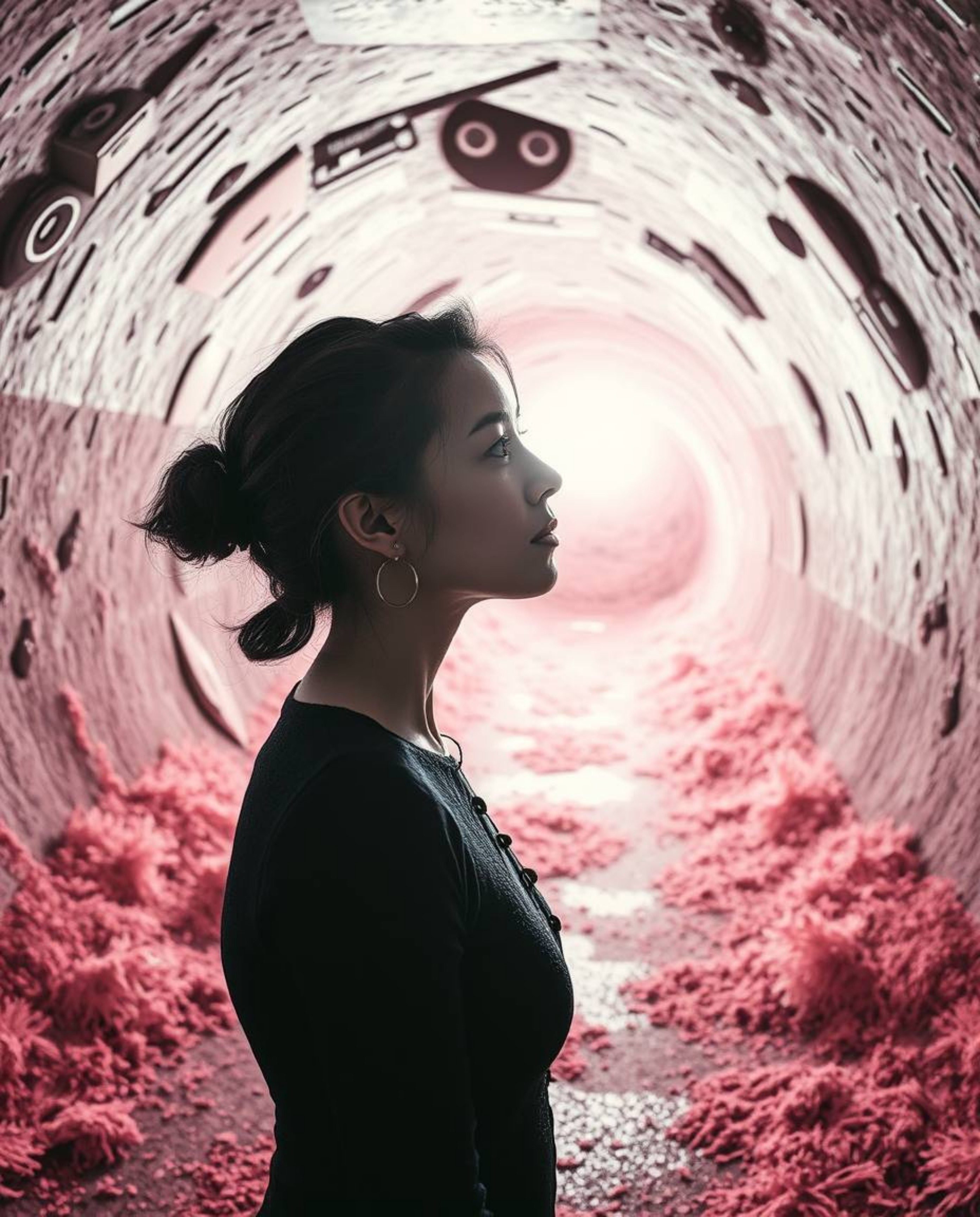 A captivating surreal image depicts a person with refined features standing at the edge of a tunnel, gazing towards a radiant