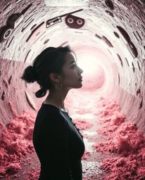 A captivating surreal image depicts a person with refined features standing at the edge of a tunnel, gazing towards a radiant