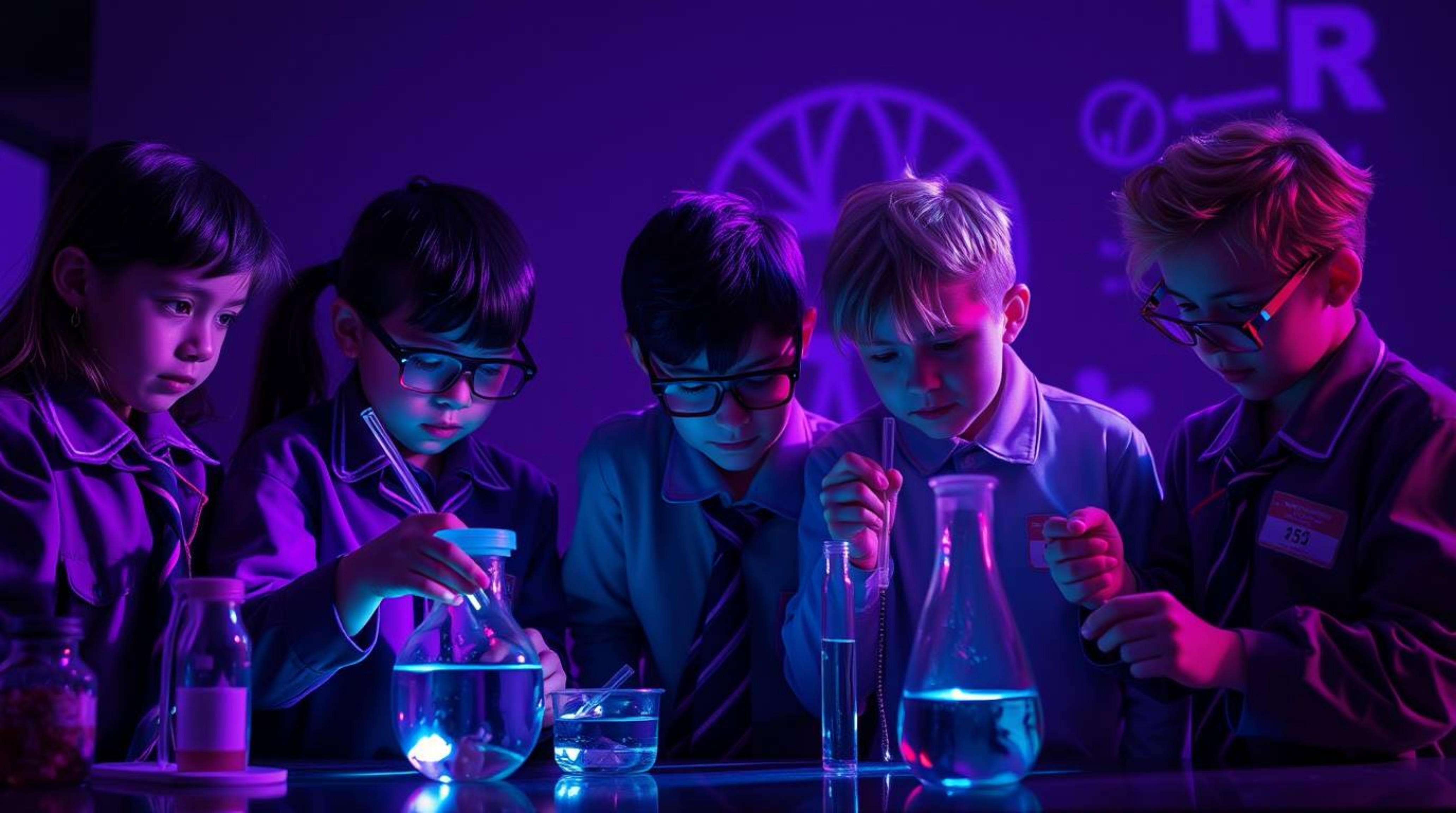 A captivating image showcases a group of eccentric children in school uniforms conducting science experiments under dramatic,