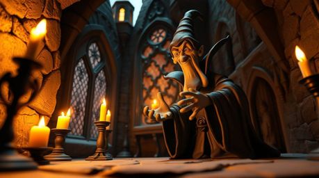 A captivating clay sculpture depicts a classic Disney villain casting a spell within the warm, candlelit ambiance of an old c