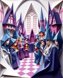 Discover a captivating illustration of a magical school brimming with young wizards, meticulously crafted in an intricate ori