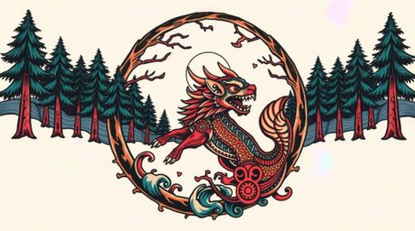 This captivating art print showcases a symbolic traditional tattoo design depicting a dynamic chase scene within a looping fo