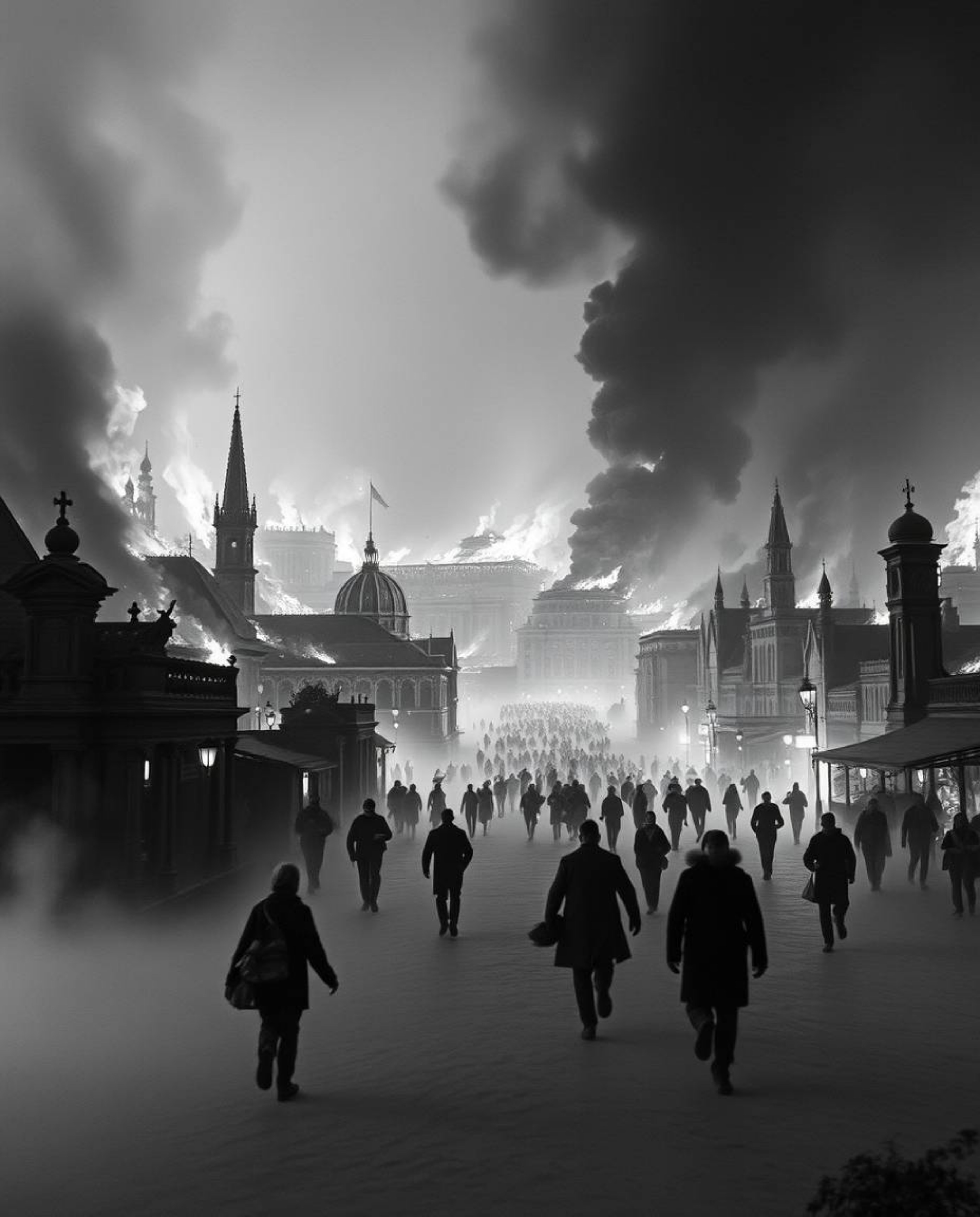 This captivating black and white photograph portrays a city engulfed in flames, with people scrambling in all directions amid