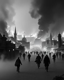 This captivating black and white photograph portrays a city engulfed in flames, with people scrambling in all directions amid