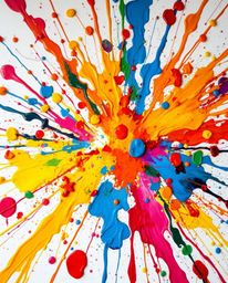 Experience a vibrant explosion of color with this abstract art piece.  Splashes of paint dance across a white canvas in high 