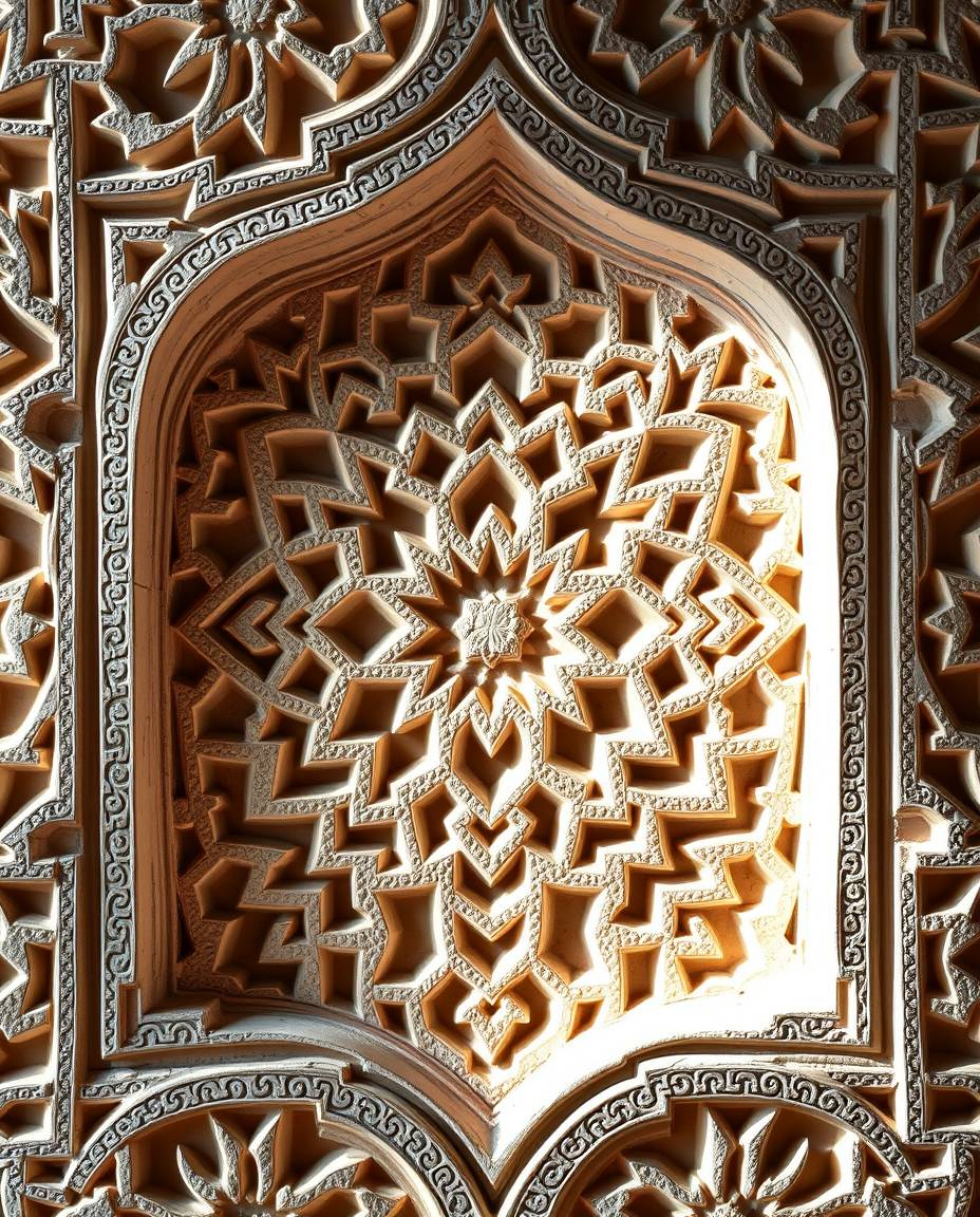This image showcases soft pastel colors illuminating intricate Islamic geometric patterns carved in stone, blending historica