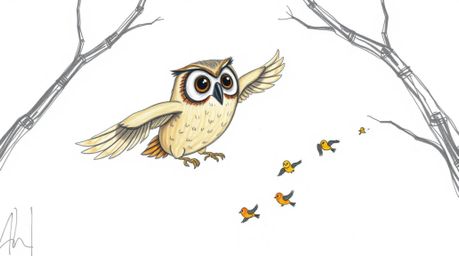 A heartwarming hand-drawn sketch in the style of Pixar depicts a wise, blind owl gliding gracefully between trees.  With expr