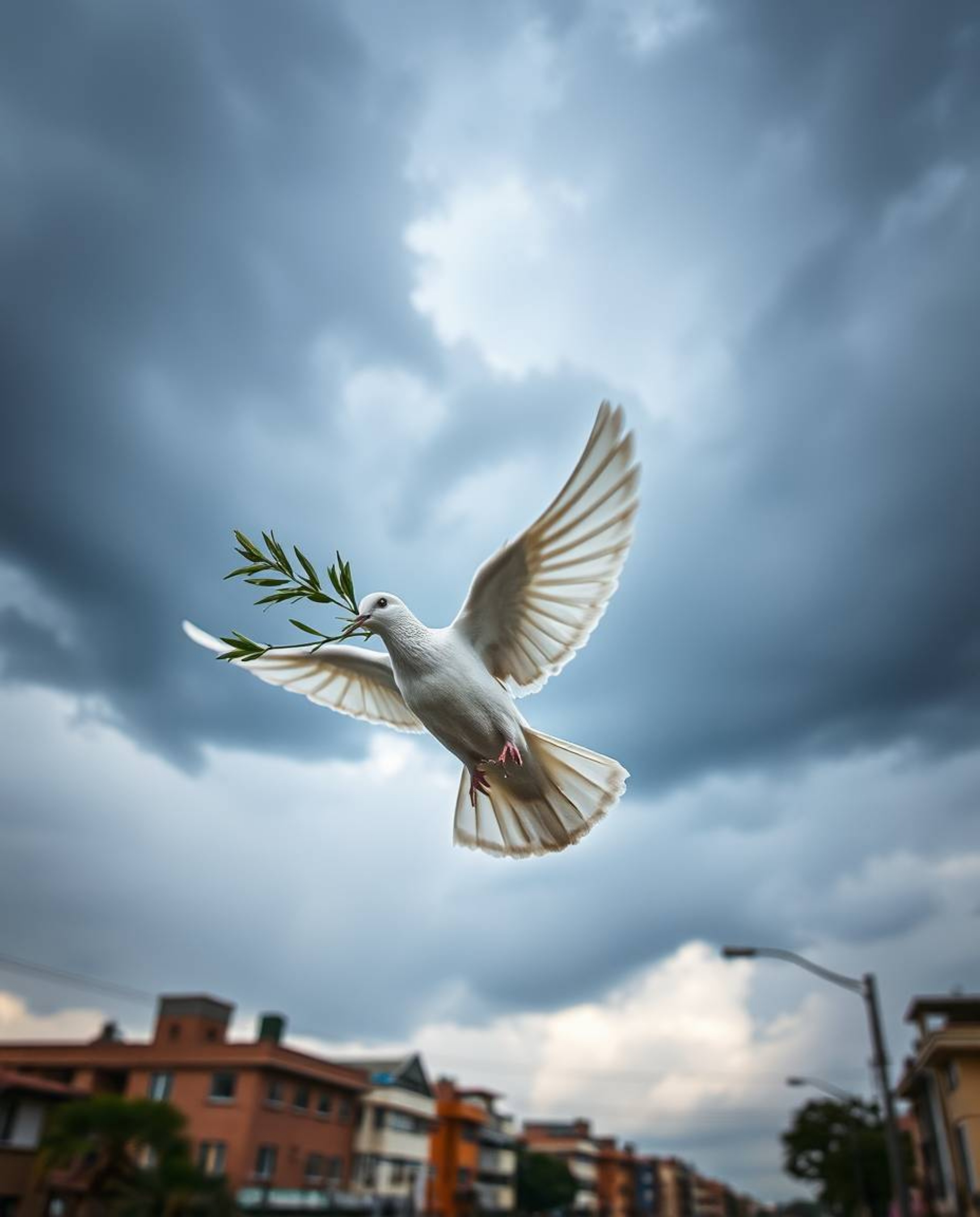 A captivating candid street photograph captures a dove gracefully carrying an olive branch amidst a dramatic stormy sky above
