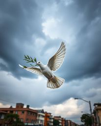 A captivating candid street photograph captures a dove gracefully carrying an olive branch amidst a dramatic stormy sky above