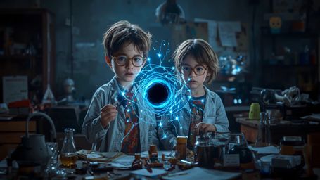 A cinematic photograph, captured in a whimsical and dramatic Pixar-inspired style, shows two enthusiastic 12-year-old science