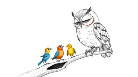 A hand-drawn sketch in Pixar style depicts a calm and patient blind owl, its feathers ruffled, teaching vibrant birds to fly.