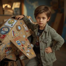 Exquisite high-fashion photography captures a young boy with bright, curious eyes, confidently posing next to a meticulously 