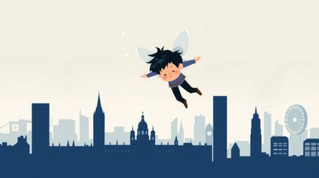A modern flat design illustration showcases a young boy with dark hair gracefully floating above a simplified London skyline,