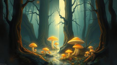 Discover a stunning digital painting of a vintage-style enchanted forest brimming with glowing mushrooms. This ethereal artwo