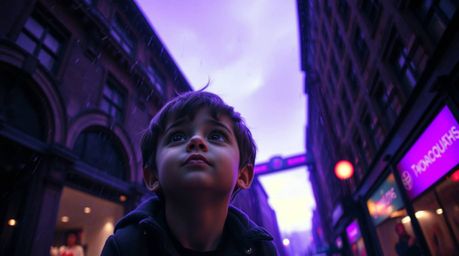 A captivating low-angle shot showcases a young boy with enchanting features soaring above a rain-drenched London, propelled b