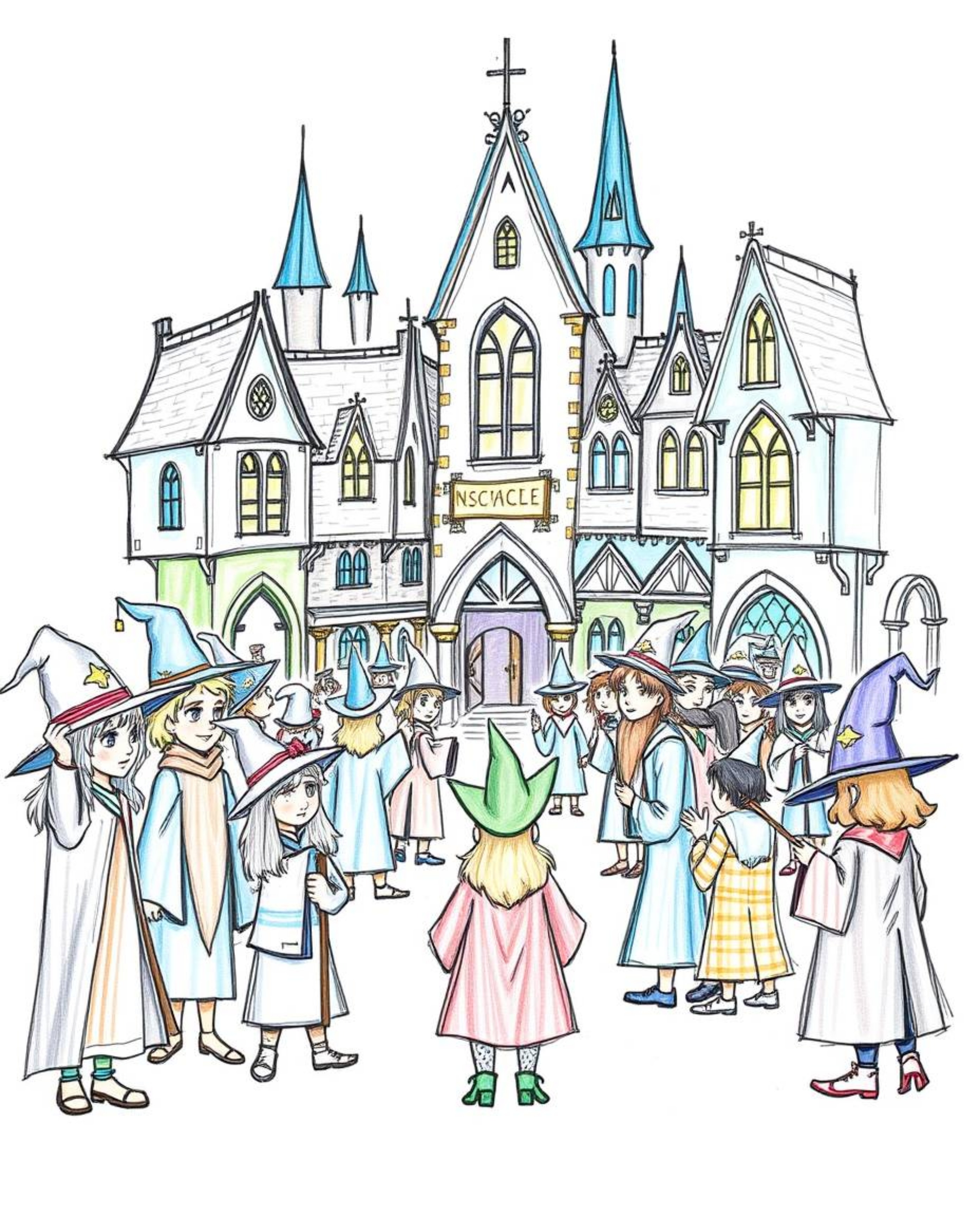 Explore a hand-drawn sketch of a magical school teeming with young wizards, brought to life with cool colors and rough, textu