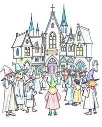 Explore a hand-drawn sketch of a magical school teeming with young wizards, brought to life with cool colors and rough, textu
