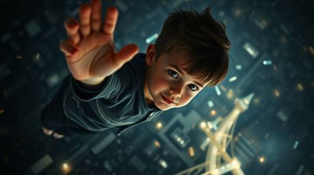 A photorealistic image of a young boy with refined features and light skin soars above London, propelled by shimmering pixie 