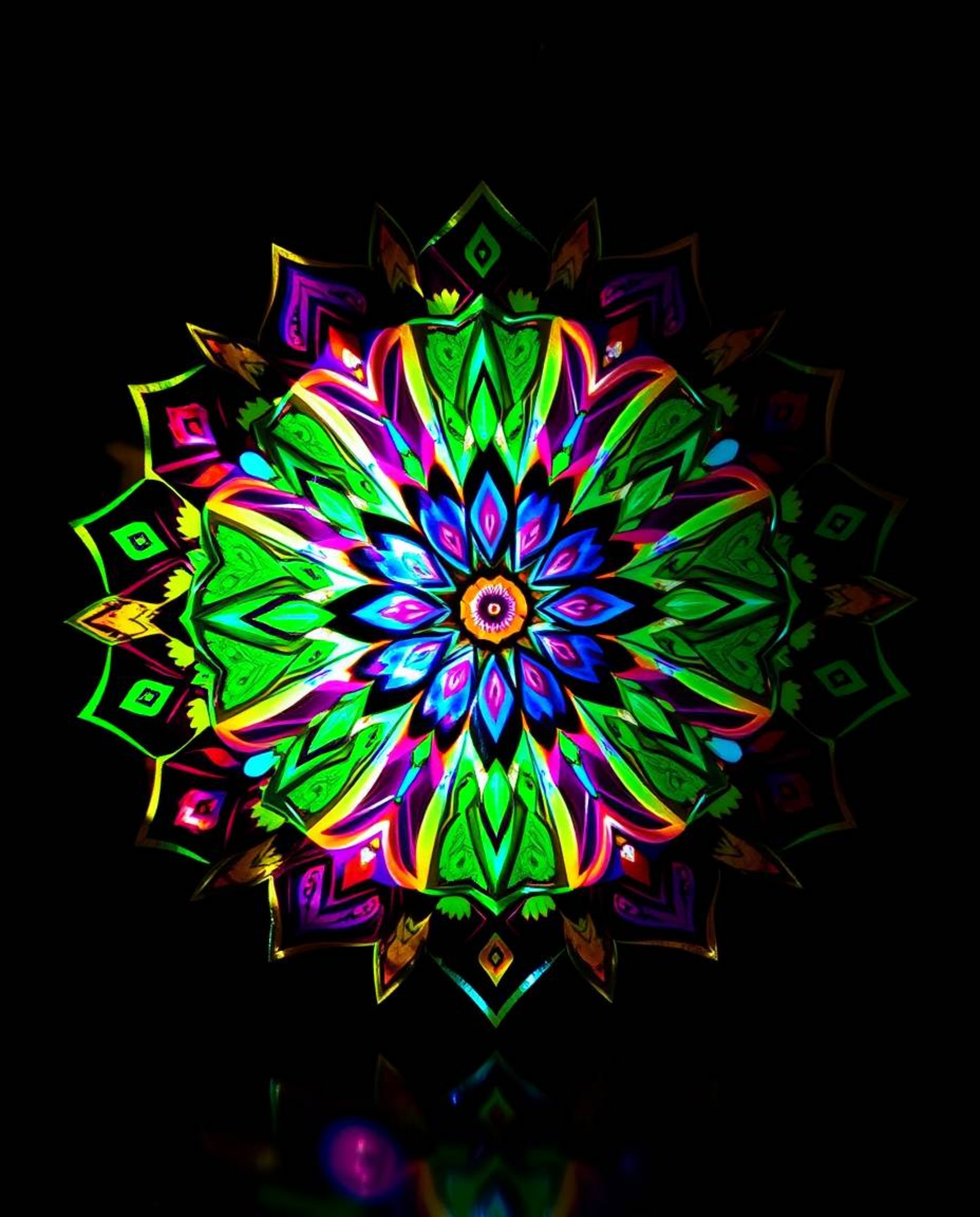 Explore a captivating geometric floral mandala art piece, boasting vibrant colors and a meticulously symmetric design. The ar