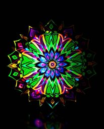 Explore a captivating geometric floral mandala art piece, boasting vibrant colors and a meticulously symmetric design. The ar