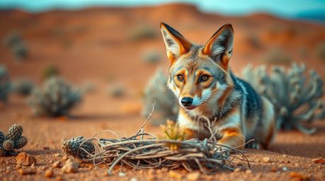This high-resolution stock photo captures a coyote in a desert landscape, showcasing its intelligent, alert eyes and tawny fu