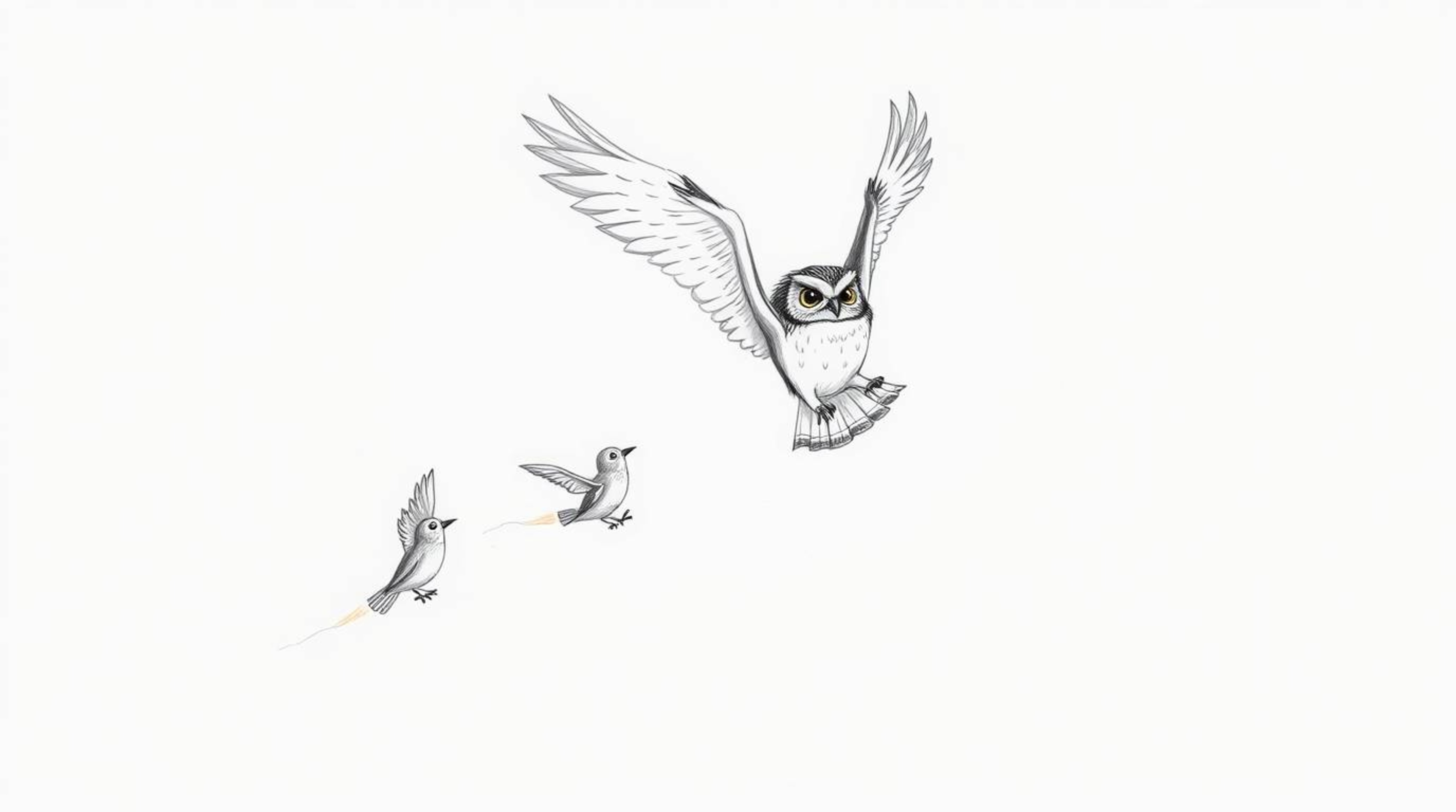 A captivating hand-drawn sketch in the style of Pixar portrays a blind owl gracefully in mid-flight, guiding several birds in