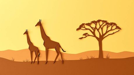 Explore a mesmerizing fusion of intricate origami artistry and the serene beauty of the savanna. Imagine silhouetted giraffes