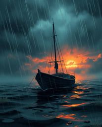 This is an eerie and creepy illustration that depicts a boat adrift on a stormy lake at sunset. The artwork is rendered in da