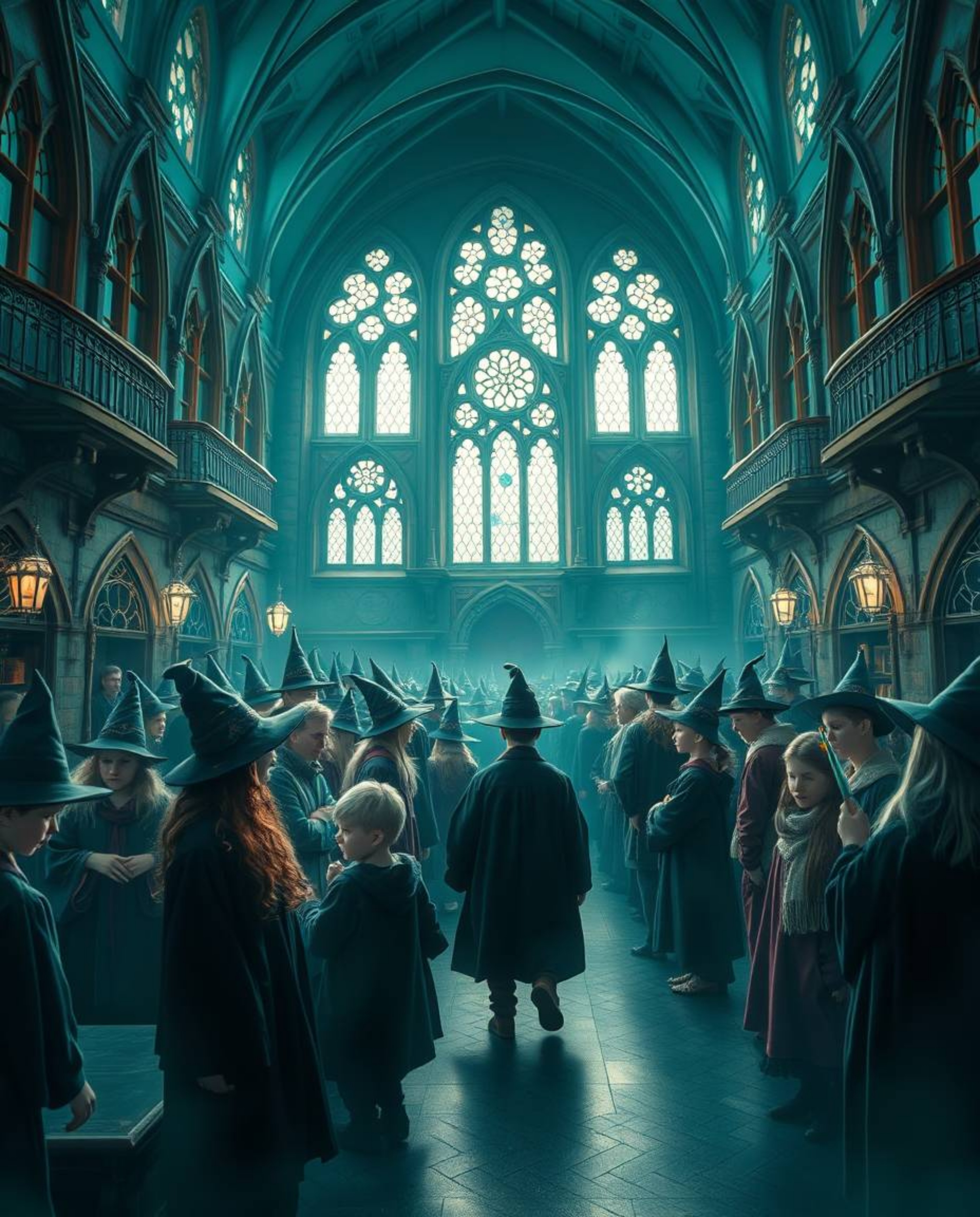 A stunning image showcasing a magical school teeming with young wizards, rendered in a rich, deep teal that evokes a sense of