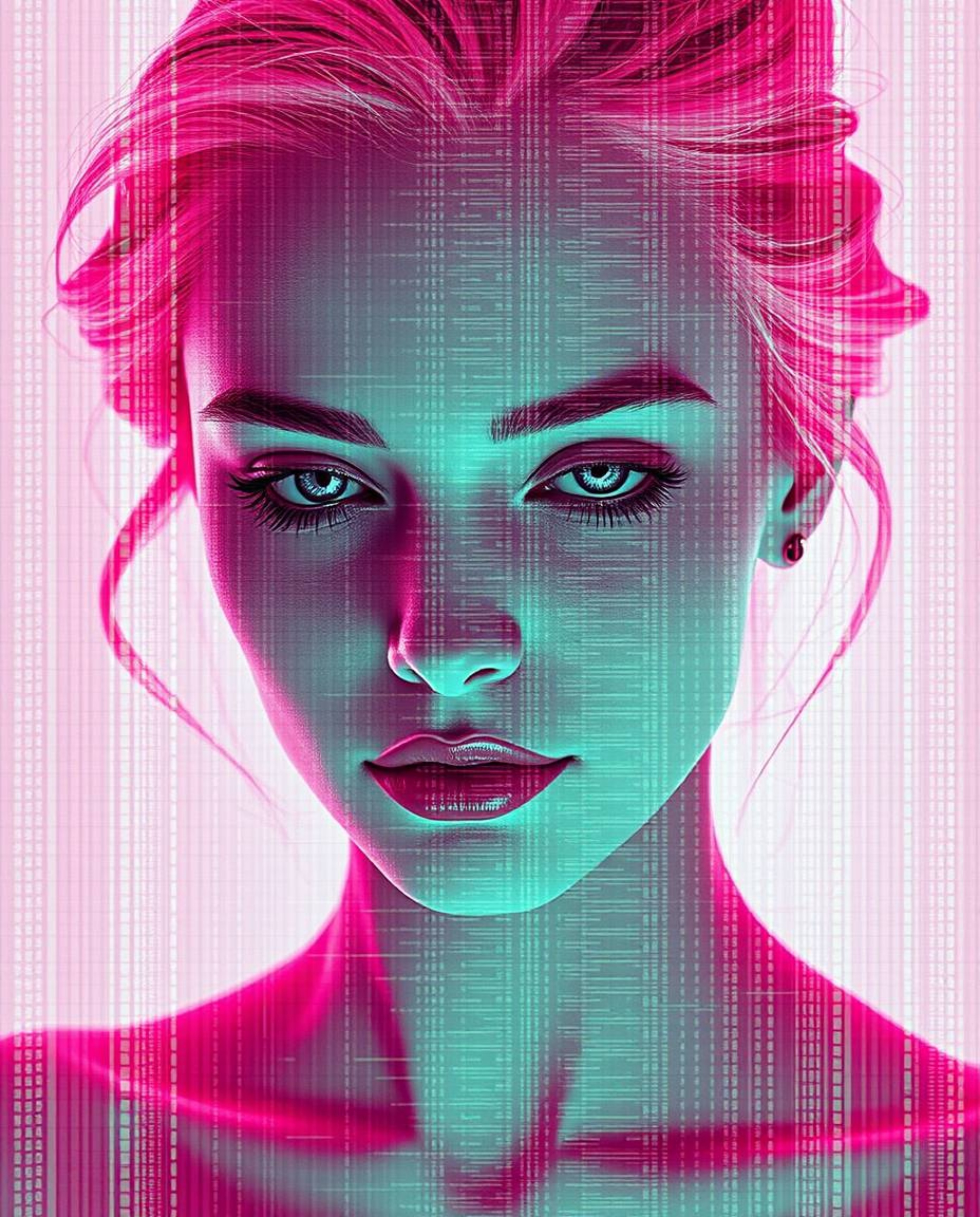 Explore the surreal beauty of a human face transformed into a flowing data stream through the lens of infrared photography. T
