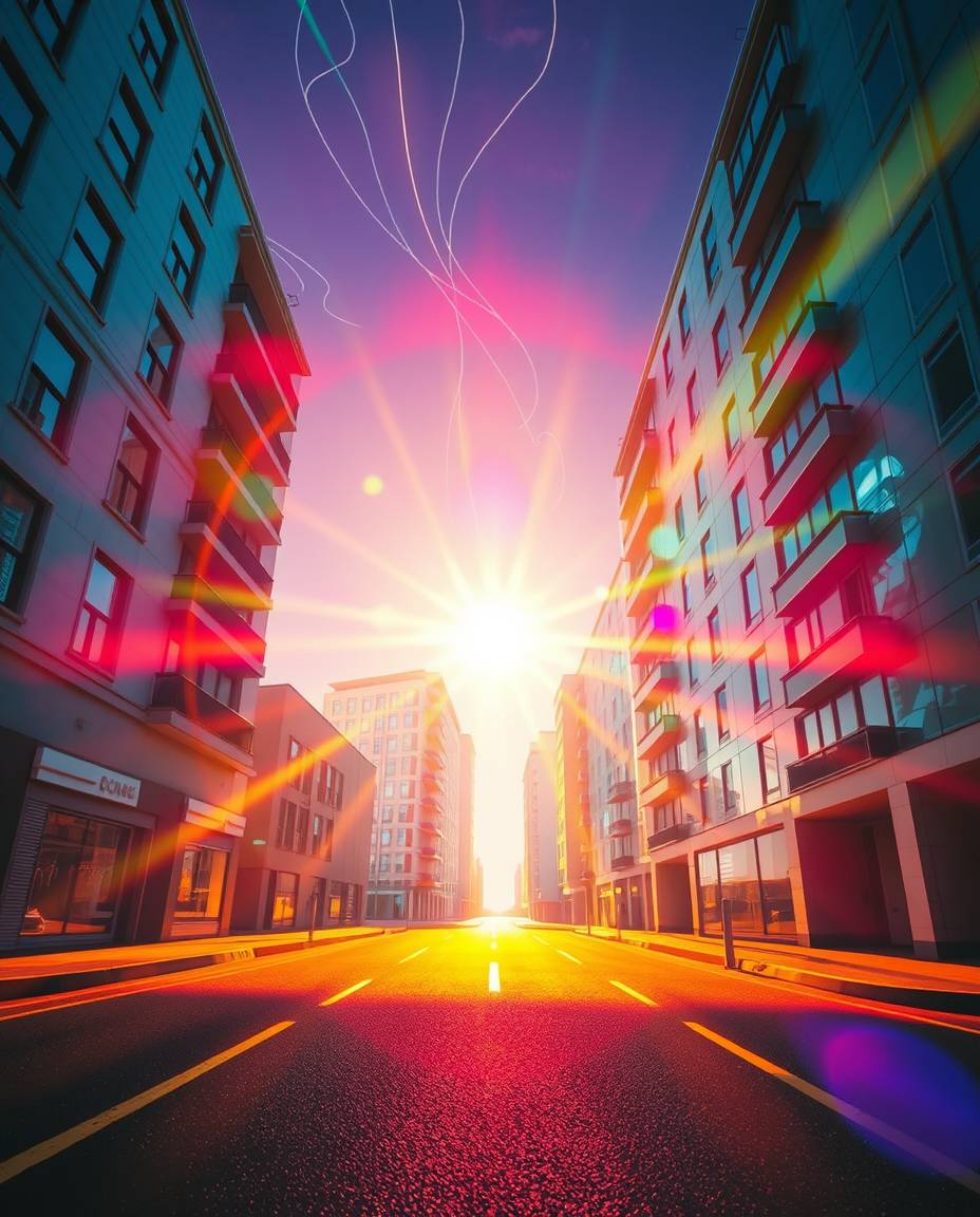 A captivating surreal street scene unfolds, illuminated by warm lens flares and vibrant colors.  Folding buildings and twisti