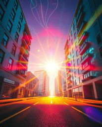 A captivating surreal street scene unfolds, illuminated by warm lens flares and vibrant colors.  Folding buildings and twisti