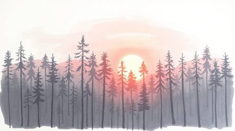 This artwork features a hand-drawn color sketchnote portraying a soft and dreamy sunset filtering through a dense forest. The