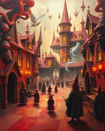 Discover a dreamlike surreal painting depicting a magical school brimming with young wizards. Warm reds, oranges, and yellow