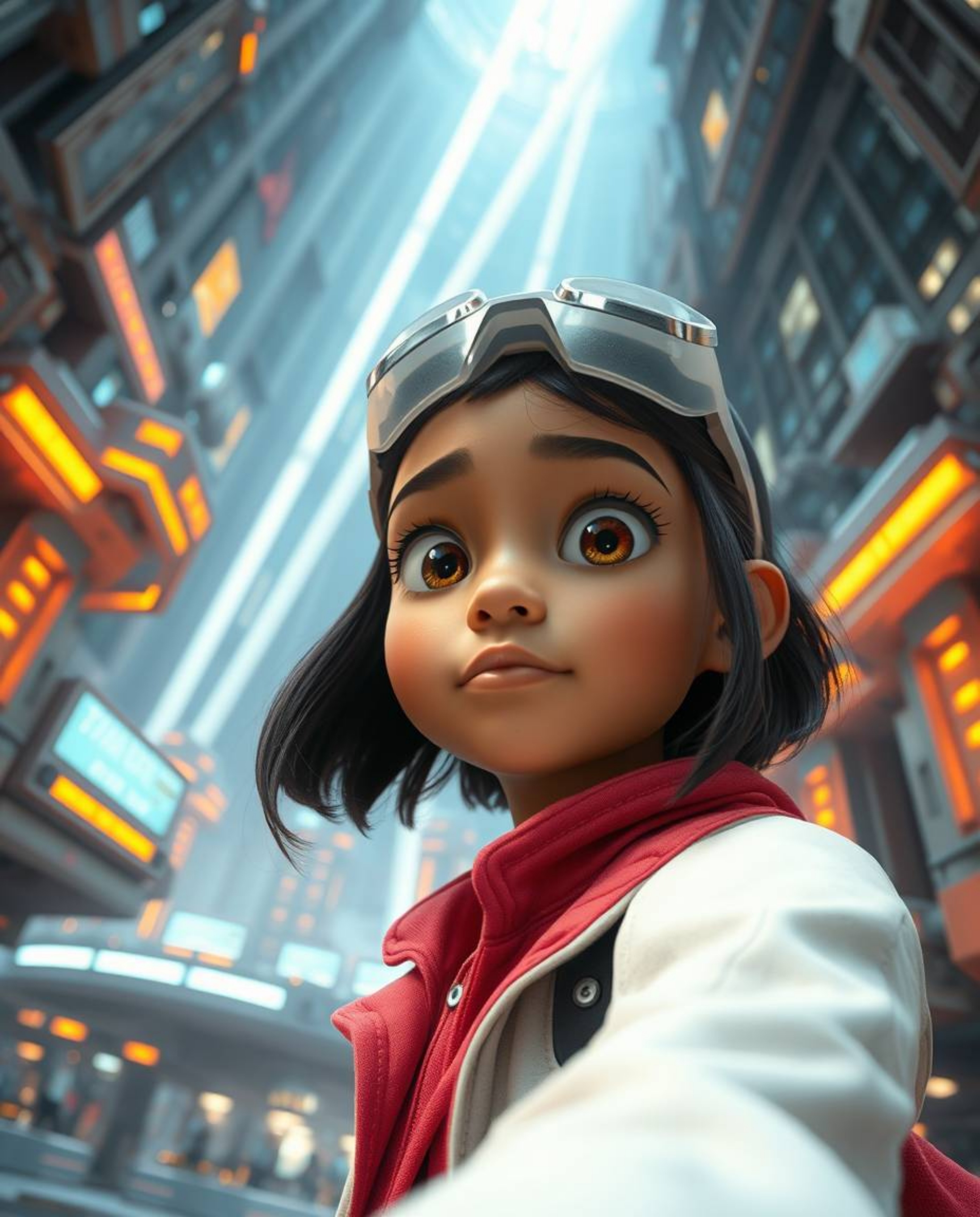 A captivating wide-angle photograph, reminiscent of Pixar's style, depicts a bright-eyed young inventor girl with olive skin 