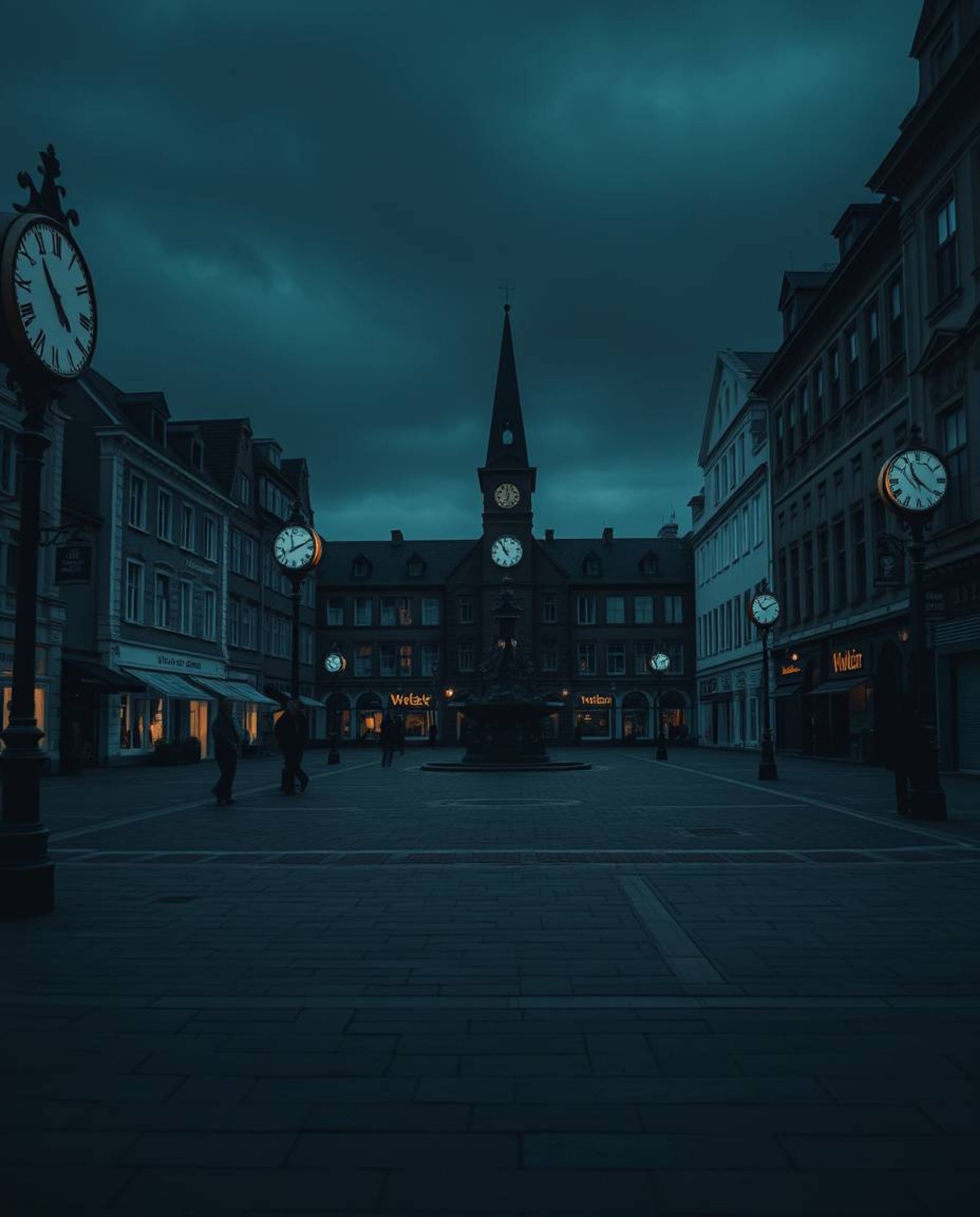 A close-up shot of an empty town square bathed in jet black hues, featuring the unsettling sound of ticking clocks. The image