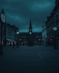 A close-up shot of an empty town square bathed in jet black hues, featuring the unsettling sound of ticking clocks. The image