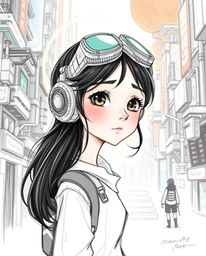 A captivating hand-drawn sketch of a young inventor girl with a gentle aura, residing in a futuristic city. Rendered in a Pix